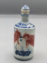 Chinese Kangxi Blue and White Iron Red Goldfish Snuff Bottle 4&quot; - $176.60