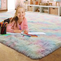 Shaggy Tie-Dye Throw Carpet For Bedside Home Decor, 4X6 Ft. Rainbow, Luxury Shag - £30.35 GBP