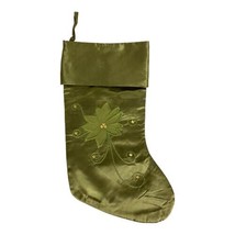Christmas Stocking Green Holiday Poinsettia 16&quot; Sequin Embroidery Shiny ... - £14.40 GBP