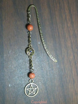 Dangling Natural Jade Beads, Celtic-Pentacle, Bronze Tone Mini Bookmark ... - $8.39