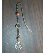 Dangling Natural Jade Beads, Celtic-Pentacle, Bronze Tone Mini Bookmark Handmade - £6.63 GBP