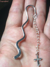 Dangling Chain &amp; Cross Mini Wavy Bookmark Silver Tone Handmade Ships Free - $6.29