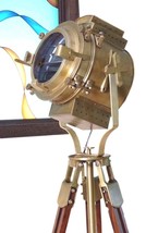 Antique Brass-Floor Lamp Spot Light with Brown Tripod Big Antique Spot L... - $460.51