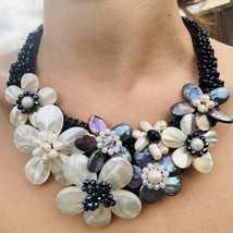 Handmade Black Onyx Mother of Pearl 20&quot; Delicate Floral Bib Choker Necklace - £87.04 GBP