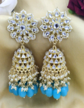 Gold Plated Bollywood Indian Kundan Big Jhumka Light Blue Earrings Jewelry Set - £30.36 GBP