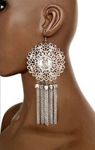 6&quot; Long, Silver Tone Oversized Crystal Tassel Statement Party Earrings Hip Hop - £14.39 GBP