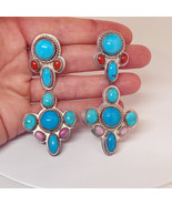 Long tURQUOISE Coral  Drop Earrings Sterling Silver Multistone Native Am... - $1,220.33