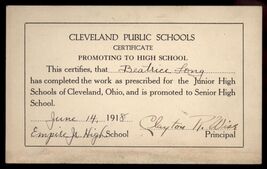 June 14, 1918 - CLEVELAND PUBLIC SCHOOLS promotion CERTIFICATE for BEATR... - $12.82