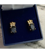 Faceted Black Onyx Princess Earrings Studs Gold Toned - £19.37 GBP