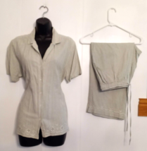 Erika Shirt &amp; Capri Pants Suit Green Plaid Embroidered Cotton Seersucker... - £15.41 GBP