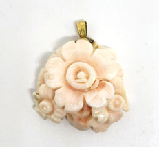 Carved Floral Angel Skin Coral Gold Filled Pendant 1&#39;&#39; Long - £294.88 GBP