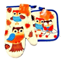 Autumn Owls Oven Mitt Potholder Teal Blue Backing Bird Blue Tan 2-Pc Gif... - $15.97