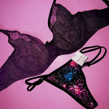 Victoria&#39;s Secret unlined 34DD BRA SET M thong FIREWORKS purple black pink kir - £55.38 GBP