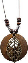 Wooden Pendant Necklace with Owl Leaf Elephant Flower Handmade Vintage Bronze Le - £39.27 GBP