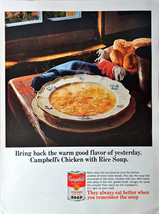 Campbells Chicken Soup with rice biscuits hot bowl dinner-1965 Vintage P... - $9.46