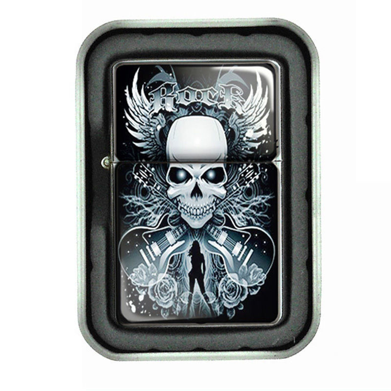 Windproof Refillable Oil Lighter with Tin Box Skull Design-003