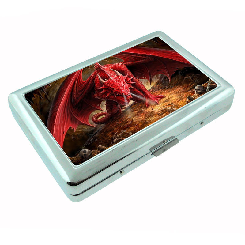 Metal Silver Cigarette Case Holder Box Dragon Design-002 Custom Fantasy Creature