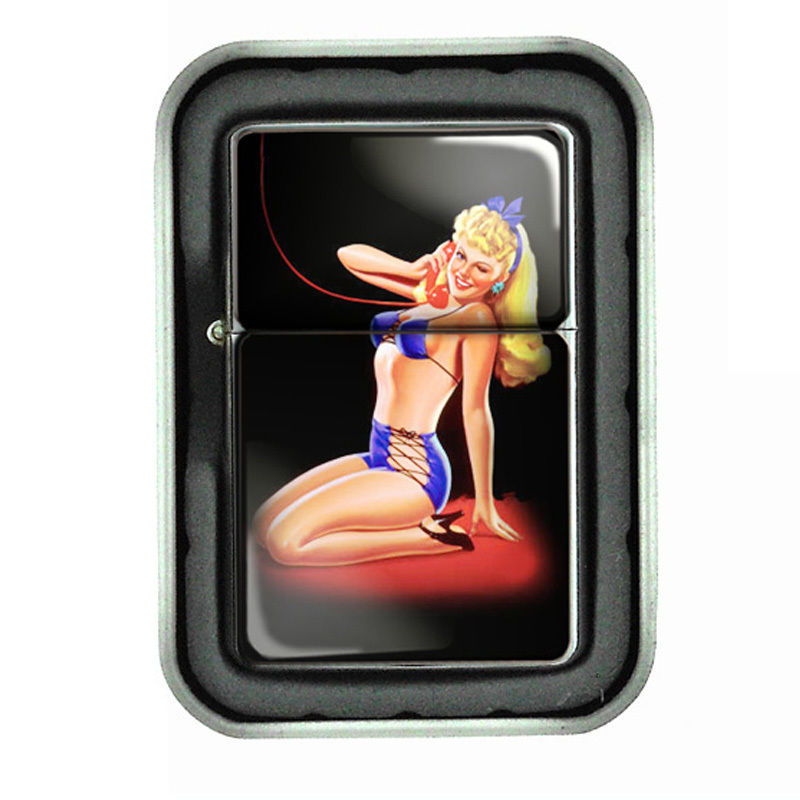 Windproof Refillable Oil Lighter with Tin Box Pin Up Girl Design-016