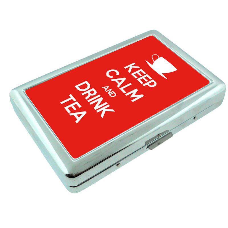 Metal Silver Cigarette Case Holder Box Keep Calm and Drink Tea Design-018
