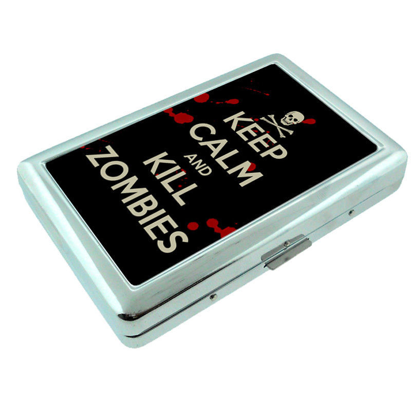Metal Silver Cigarette Case Holder Box Keep Calm and Kill Zombies Design-019