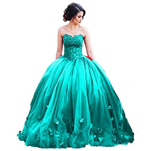 Custom Made Long Ball Gown Tulle Floral Beads Lace Formal Prom Dresses Aqua Blue