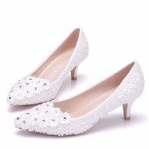 5cm Heel White Flower Lace Wedding Shoes Low-Heeled Pearl Bridal Princess Pumps - £50.35 GBP