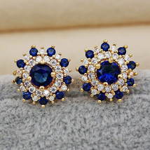 4Ct Round Cut CZ Blue Sapphire Halo Stud Earring 14K Yellow Gold Plated - £125.86 GBP