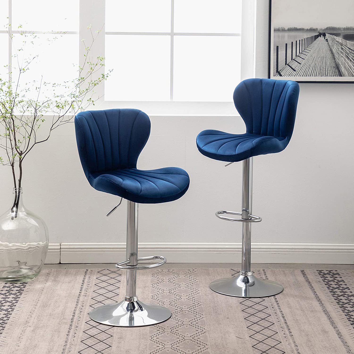 Roundhill Furniture Ellston Upholstered Adjustable Swivel Barstools in Blue, Set - $145.99