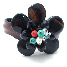 Trendy Floral Fashion Black Agate Leather Band Cuff-4 - £10.46 GBP