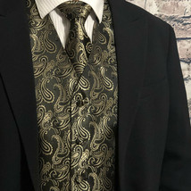 Gold Black XS to 6XL Paisley Tuxedo Suit Dress Vest Waistcoat &amp; Neck tie... - £20.78 GBP+