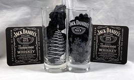 2 New Jack Daniels Tall Whiskey Glasses Snowflake + Xmas Tree Design + C... - $29.65