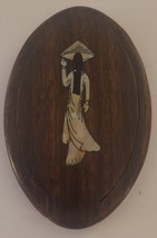 Vintage Wood Flip Open Compact Mirror with Mother of Pearl inlaid Woman - £9.40 GBP
