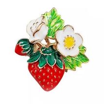 STRAWBERRY AND BLOSSOMS BROOCH 1.35" Red Enamel Summer Fruit Pin High Qu... - $3.95
