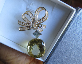 New Custom Huge 35.26 ct  Kunzite &amp; blue diamond bow 14k yellow gold  brooch pin - £2,136.67 GBP