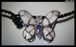 BUTTERFLY PENDANT - OPAL, AMETHYST and CZ in STERLING with Black Cord Ne... - £71.28 GBP