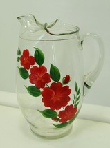 Vintage Glass Pitcher Hand Painted Red Flowers Federal 96 oz Carafe Lemonade - £13.93 GBP