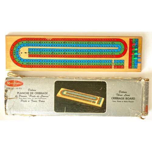 Vintage Montrose Cribbage Board Wood Original Box Montreal Canada French English - $34.95