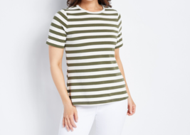 Joan Rivers Short Sleeve Striped Tee Shirt- Dark Olive, Medium - £15.81 GBP