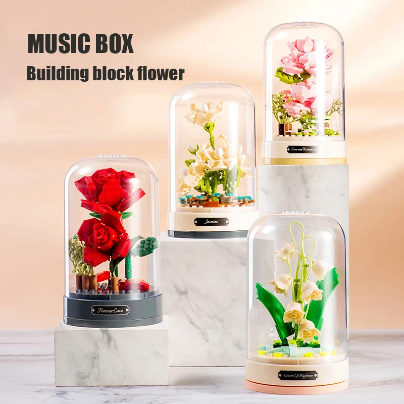 Romantic Music Box Building Blocks Flowers DIY Plant Fairy Bouquet Model - £30.70 GBP