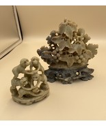 2 Vintage Chinese Hand-Carved Soapstone Sculptures Monkey Tower Grapes L... - $1,769.34 MXN