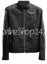 Mens Philip Plein Black Full Silver Studded On Sleeves Biker Leather Jacket - £182.25 GBP