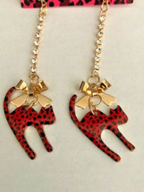 Betsey Johnson Gold Alloy Red Enamel Arched Back Cat Crystal Bow Dangle Earrings - £5.58 GBP