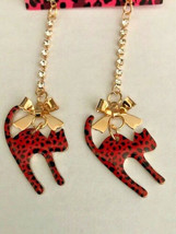 Betsey Johnson Gold Alloy Red Enamel Arched Back Cat Crystal Bow Dangle ... - £5.49 GBP