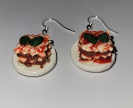Lasagna Earrings Silver Wire Slice Pasta Meat Sauce Charm - $8.50