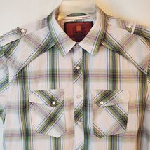 Drill Clothing Co Men&#39;s Snap Button Short Sleeve Green Purple Plaid Collar Shirt - £7.88 GBP