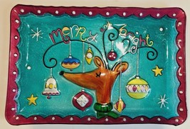 Fused Glass and Enamel Holiday Tray Deer Ornaments Merry Brite 10x15 w Drip Rim - £18.34 GBP