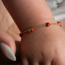 14K Yellow Gold Enamel Cherry Fruit Strawberry Charm Baby Bracelet - $3,236.01 MXN
