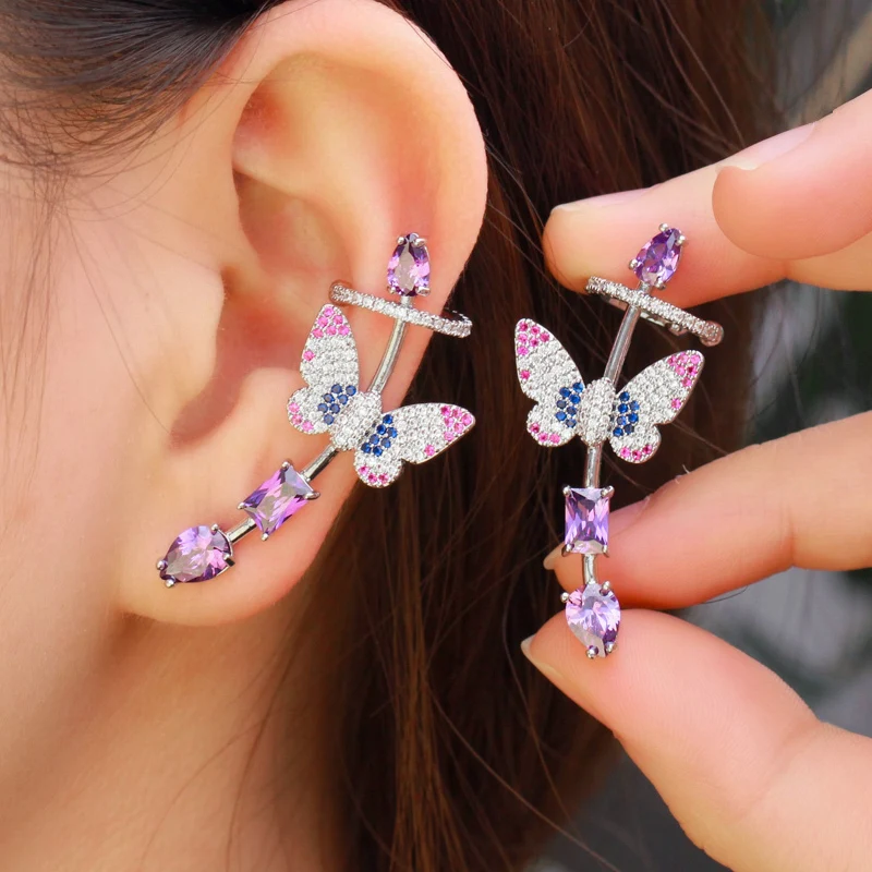 Symmetrical Purple Cubic Zirconia Lovely Butterfly Ear Cuff Climber Stud Earring - £19.81 GBP