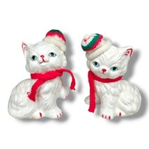 Vintage Pair Ceramic Christmas Cat Figurines Trippies Inc. Santa Hat Sca... - $22.95