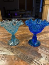 Vintage Fenton Blue Glass Ruffled Hobnail Stemmed Footed Candy Dishes - £23.48 GBP